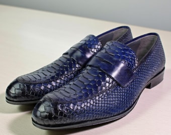 Bina Blue Crocodile Printed Loafers: Handmade Italian Leather Dress Shoes/Made in Italy