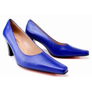 May include: A pair of cobalt blue high-heeled shoes with a pointed toe and a black heel. The shoes have a sleek, modern design, and the leather appears smooth and polished. The heels are approximately 3 inches tall.