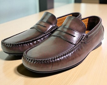 Handmade Jack Coffee Italian Leather Moccasin Loafers/Made in Italy