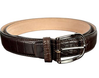 Cintura da uomo in pelle marrone con stampa alligatore, cintura elegante italiana realizzata a mano per uomo, regalo di lusso per lui