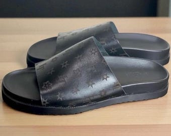 Leather Italian Sandals Mens Black Genuine Leather Slip on Shoes Handmade Caviar