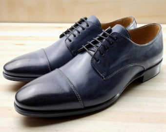Zapatos Oxford de piel italianos hechos a mano: Zapatos de vestir Ron Blue para hombre/Hechos en Italia