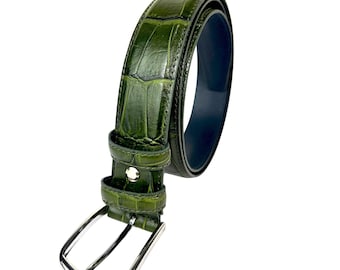 Crocodile Print Italian Men’s Green Leather Belt