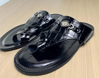 Jo Men’s Italian Leather Black Croco Sandals Shoes