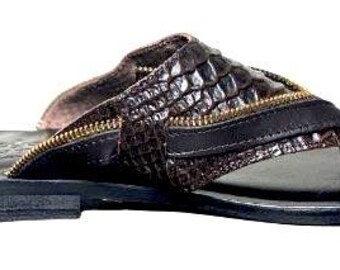 Zipper Brown Mens Italian Leather Sandals Shoes - Etsy Israel display picture 1