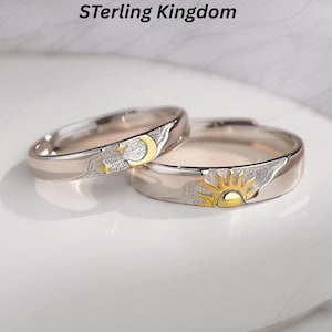Anelli di coppia in argento sterling con sole, luna e stella - Anello di promessa regolabile in regalo