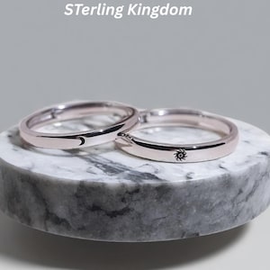 Anelli di coppia con sole, luna e stella, regolabili, in argento sterling 925, con promessa di fidanzamento e fede nuziale