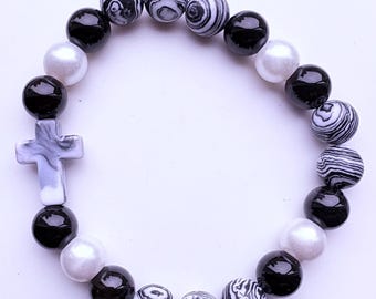 Black and White 8mm Beaded Bracelet with Cross - Faith and Strength