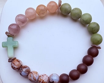 Groen en bruine 8 mm kralenarmband met kruis - Faith and Nature