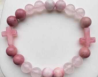 Pink and Rose 8mm Beaded Bracelet with Crosses - Faith and Love