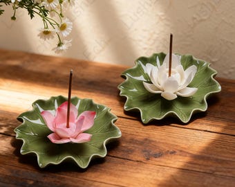 Ceramic Lotus Incense Holder, Home Gifts, Zen Meditation Decor, Floral Incense Burner for Sticks, Lotus Leaf Aroma Plate Diffuser