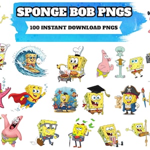 May include: A collection of SpongeBob SquarePants PNG images. The images feature SpongeBob in various poses and scenarios, including surfing, wearing a chef's hat, and dressed as a superhero. The text "SPONGE BOB PNGS" and "100 INSTANT DOWNLOAD PNGS" are displayed.