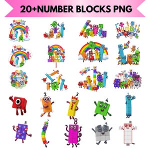 May include: A selection of colourful Number Blocks PNG images. The images feature various block characters with numbers, rainbows, and the text "Number Blocks". Some images include the text "Happy Birthday".
