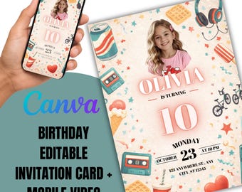 Invitación de cumpleaños de un programa de televisión retro de los 80 para niños y adolescentes, Canva editable, descarga digital