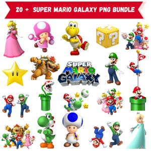 Può includere: Una collezione di grafiche PNG di Super Mario Galaxy. L'immagine presenta vari personaggi come Mario, Luigi, la Principessa Peach e Bowser, insieme a elementi iconici come blocchi di punti interrogativi e stelle. Il testo in alto recita "20+ SUPER MARIO GALAXY PNG BUNDLE."