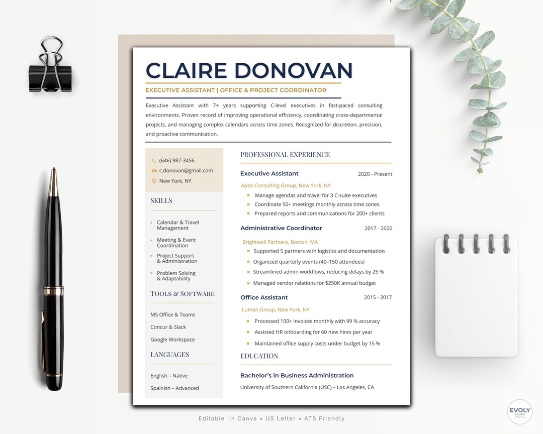 Executive Assistant Resume Template | Modern Professional CV for Canva ...