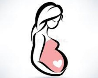 May include: A black and white line drawing of a pregnant person, with a pink belly and a white heart. The person is depicted in a side profile, with long hair and a gentle pose, suggesting a theme of pregnancy and motherhood.