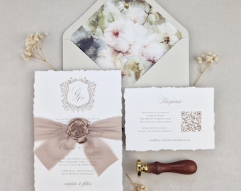 Beige Wedding Invitation Suite | Invitation with Ribbon and Wax Seal | Floral Wedding Invitation