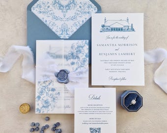 Dusty Blue Vellum Wedding Invitation Suite | Wax Seal Wedding Invitation | Custom Crest Invitation with Venue Illustration