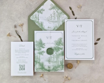 Può includere: Invito di nozze con schema di colori verde e bianco. Il set include un invito, una scheda dettagli e una busta, tutti con un design paesaggistico. Un sigillo di cera e fiori secchi aggiungono elementi decorativi.