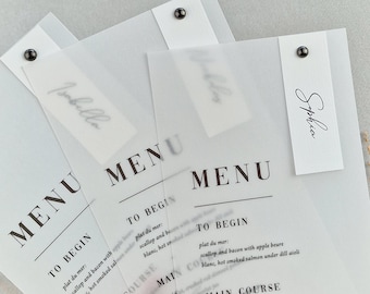 Menykort i vellum, menykort för bröllop, menykort för middag, menykort med placeringskort, tryckta menykort, genomskinliga menykort