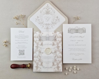 Invitación de boda en vitela beige / Invitación de boda con sello de cera / Invitación victoriana