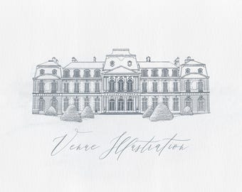 Ilustración de lugar de celebración de bodas dibujada a mano, boceto digital personalizado