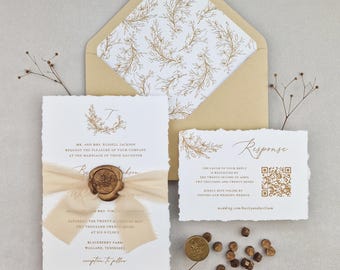 Beige Wedding Invitation Suite | Invitation with Ribbon and Wax Seal | Botanical Wedding Invitation with Crest