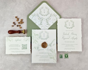 Op de afbeelding: Bruiloft briefpapier set met een groene envelop, uitnodigingskaarten en antwoordkaarten. De set bevat een zegel, postzegels en een wasstempel met houten handvat. De kaarten hebben een botanisch ontwerp en de tekst "we do".