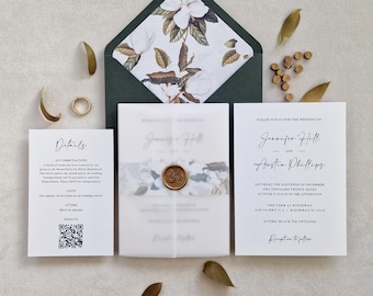 May include: Wedding invitation suite featuring a dark green envelope with floral lining, invitation cards, and a details card. The invitation is sealed with a gold wax stamp and includes the names Jennifer Hill and Austin Phillips.