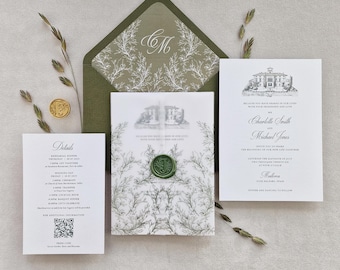 May include: Elegant wedding invitation suite featuring a green envelope with a white floral design and initials. The suite includes invitation cards, a details card, and a central card sealed with a green wax seal. The design is classic and sophisticated.