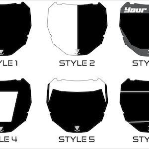 May include: A collection of six black and white motocross number plate designs. Each design features a unique layout, with variations in color blocking and text placement. The text "Your Name" appears on one plate. The designs are labeled "Style 1" through "Style 6".