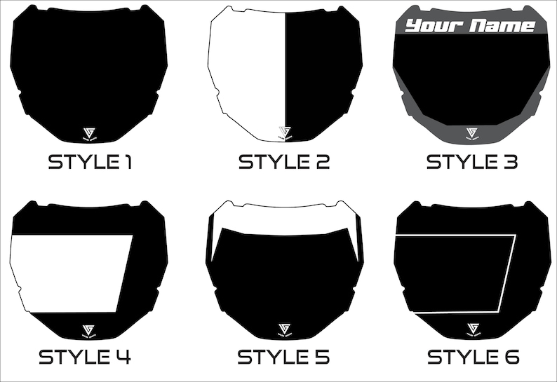 May include: A collection of six black and white motocross number plate designs. Each design features a unique layout, with variations in color blocking and text placement. The text "Your Name" appears on one plate. The designs are labeled "Style 1" through "Style 6".