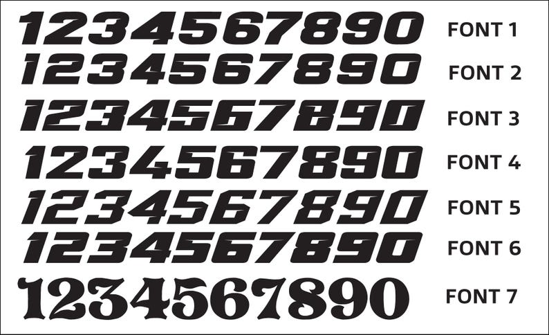 May include: Black number fonts 1 through 7, each displaying the digits 1 through 0. The fonts vary in style, with some being bold and others italicized. Each font is labeled with the text "FONT" and a number.