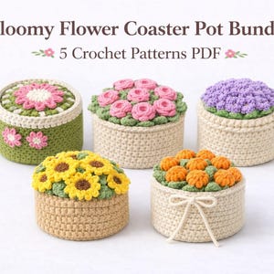 Crochet Coaster Pot Patterns Bundle | Rose, Sunflower, Daisy, Carnation, Tulip Styles (PDF Download)