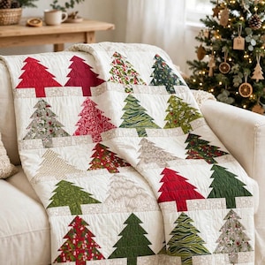 May include: A quilt featuring the Thicket Quilt Pattern, measuring 58 inches by 68 inches. The quilt displays a grid of various Christmas tree shapes in red, green, and beige fabrics with diverse patterns on a white background.