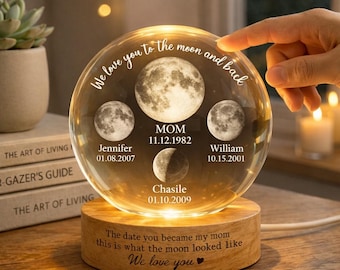 Custom Moon Phase Crystal Globe Lamp, We Love You To The Moon And Back Night Light, Personalized Mothers Day Gift for Mom from Kids