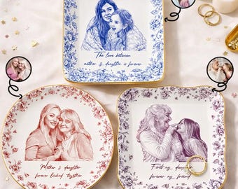 Plato para anillos con foto personalizada, bandeja para joyas con dibujo a lápiz personalizado, regalo del Día de la Madre para mamá de parte de su hija, plato para baratijas de madre e hija