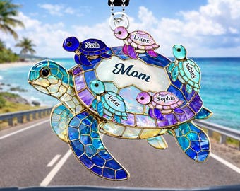 Adorno para coche de tortuga marina para mamá, dije personalizado para espejo retrovisor con nombres de niños, colgador de coche de imitación de vidriera, regalo del Día de la Madre de parte de los niños.