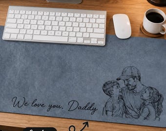 Custom Photo Sketch Line Art Leather Desk Mat, Fathers Day 2026 Gift For Husband, Personalized Daddy Picture Mouse Pad, Office Decor