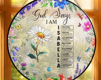 Atrapasueños personalizado con el nombre "Dios dice que soy", regalo religioso para mamá de parte de sus hijos, adorno floral de vitral con versículo bíblico, decoración cristiana.
