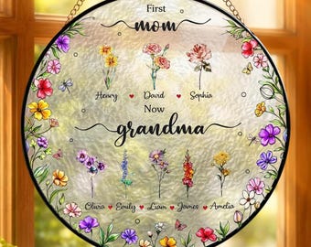 Atrapasueños con flores de nacimiento "Primera mamá, ahora abuela", vitral colgante personalizado para ventana, regalo personalizado del Día de la Madre para mamá de parte de los niños.