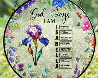 Regalo cristiano para el Día de la Madre, atrapasol "Dios dice que soy", adorno personalizado para ventana con versículo bíblico para mamá, decoración religiosa de vitrales.