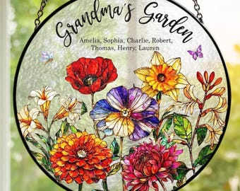 Atrapasueños personalizado para mamás con flores de nacimiento, adorno colgante de vidriera sintética, regalo personalizado para el Día de la Madre con nombres de niños.