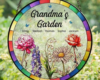 Atrapasueños personalizado para el jardín de mamás con flores de nacimiento, adorno colgante de vidriera arcoíris para ventana, regalo personalizado para el Día de la Madre de parte de los niños.