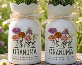 Jarrón personalizado con flores de nacimiento para la abuela, jarrón de cerámica con nombres personalizados para los nietos, regalo floral en acuarela para el Día de la Madre para la abuela.