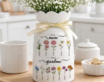 Jarrón "Primera mamá, ahora abuela", Flor personalizada del mes de nacimiento, Jardín de la abuela, Regalo del Día de la Madre para la abuela con los nombres de los hijos y nietos, Personalizado
