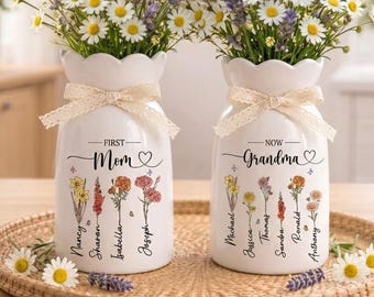 Jarrón de flores de nacimiento "Primera mamá, ahora abuela", jarrón de cerámica con acuarela personalizado, regalo personalizado para el Día de la Madre.
