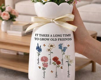 Jarrón con la flor de nacimiento de Grow Old Friends, regalo personalizado para la mejor amiga, jarrón de cerámica con nombre personalizado, recuerdo de amistad en acuarela