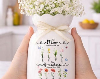 Jarrón de cerámica personalizado "Primera mamá, ahora abuela", jarrón para flores del mes de nacimiento, jarrón para el jardín de la abuela, regalo de cumpleaños para mamá o abuela, regalo del Día de la Madre.